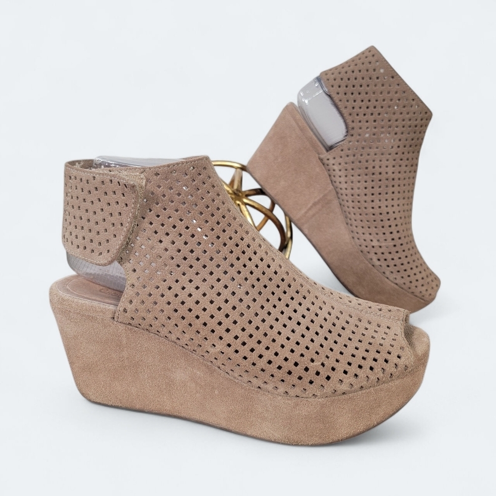 Chocolat Blu Perforated Suede Tan Wedge Sandals Size 7